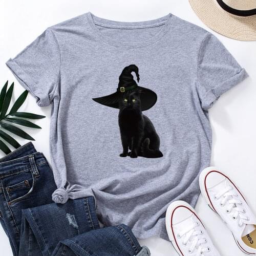 Graphic T Shirts for Women Cotton Short Sleeve Tee Female Shirt Tops Summer Casual Clothes Gifts Black Cat with Hat Halloween