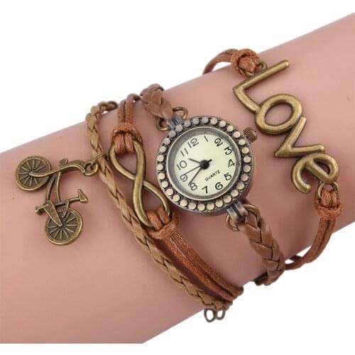 Gnova bike Top Brown Bracelet Handmade Watch Sueded Leather Bronze Bicycle Charm Women Girl Love Paracord Wristwatch A739