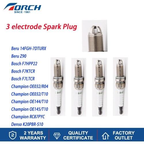4PCS China Original 3 Electrode Spark Plug TORCH K6RTJY-10 Replace for Denso K20PBR-S10 Bosch F7HPP22 Beru Z90 Champion RC87PYC