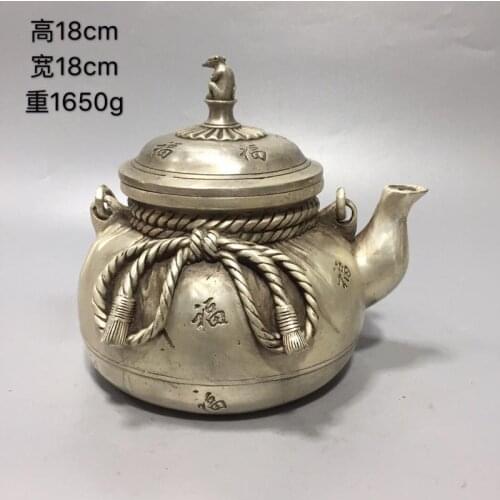 Chinese archaize White copper blessing bag teapot mouse statue kettle teapots Cupronickel pot desktop fengshui wealth decoration