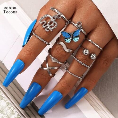 Tocona 10pcs/sets Trendy Butterfly Elephant Joint Ring Sets for Women Charms Cross Open Ring Jewelry Accessories кольца 18663