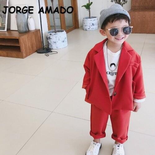 2021 Korean Style New Autumn Kids Boys 2-pcs Sets Red Black Blue Suit Long Sleeves Pocket Top+ Pants Western-style Clothes E050