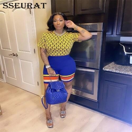 SSEURAT Women Suit Short Sleeve Qianbird Print Stripe Slim Leisure Suit 2 Pieces Summer Fashion Streetwear Summer Outfits 2021
