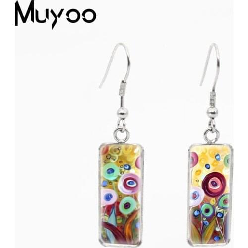 Beauty Colorful Painting Flower Square Pendants Glass Cabochon Fish Hook Earrings Flower Paintings Jewelry Hook Earrings