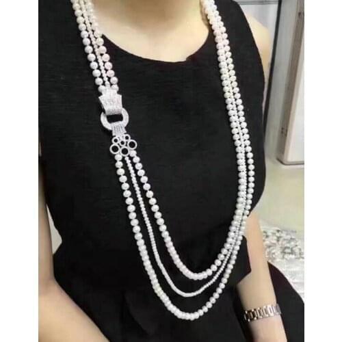 Beautiful NEW triple strands natural south seas white pearl necklace 6-9mm 18-20"silver clasp