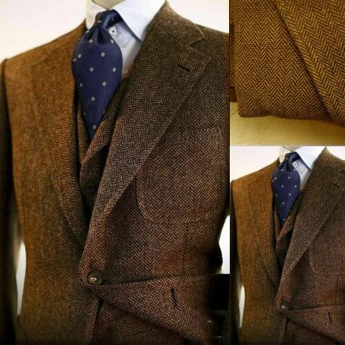 Winter Brown Men Suits Formal Blazer Wedding Tuxedos 3 Pieces Wool Blend Herringbone Vintage Tweed Jacket+Vest+Pants Custom Made