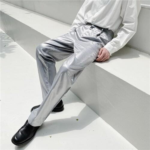 2021 spring and autumn fashion streetwear hip-hop casual pants mens shiny straight pants Korean black white silver trousers