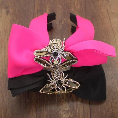 Luxury New Exaggerated hot pink Big Bowknot Flower Diamante Crystal Rhinestone Bohemia Headwear Women Wedding Party Accessories