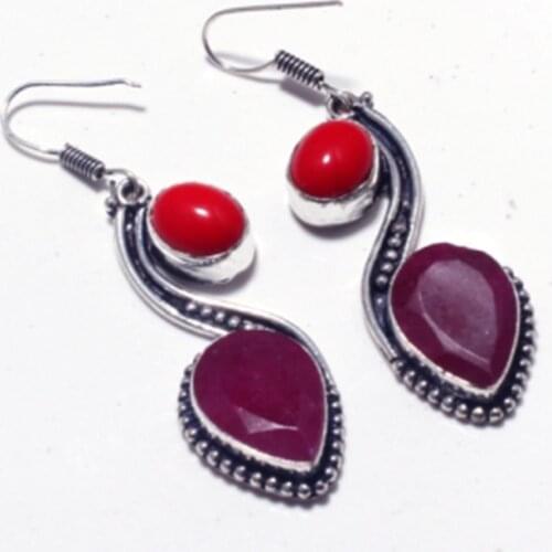 Genuine Ruby + Coral Silver Overlay on Copper Earrings ,Hand made Women Jewelry Gift , E5389