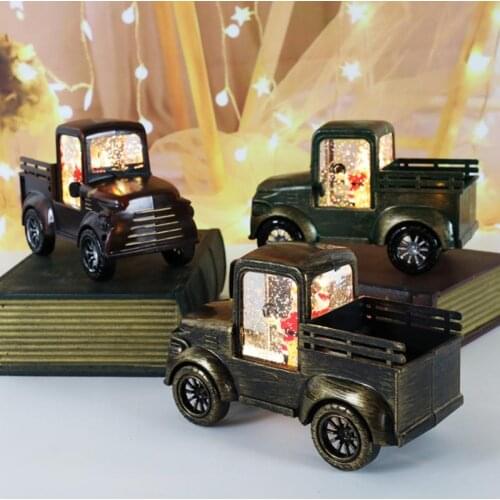Christmas Ornaments Vintage Truck Sculpture With LED New Year Xmas Decorations Desktop Ornaments Santa Claus Gift Home Decor