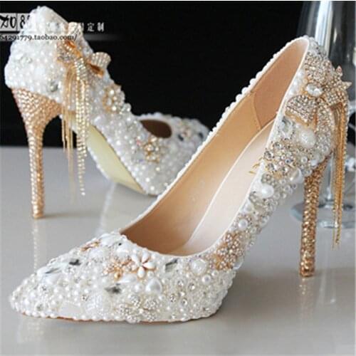 Wedding shoes autumn white pearl high heels bridal shoes large size party dress pointed shoes size 34-43