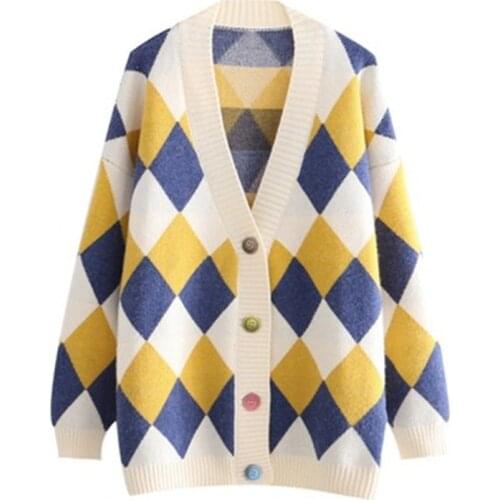 Sweater Cardigans Women 2020 Autumn Winter Casual Woman Knitted Tops Argyle Casual Female Knitwear Soft Loose Woman Sweaters