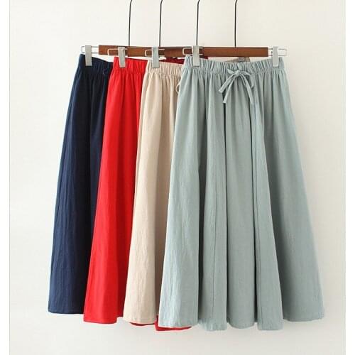 2020 woman cotton linen solid skirts new spring summer fashion lace-up A-Line M-7XL casual loose high waist female slim white