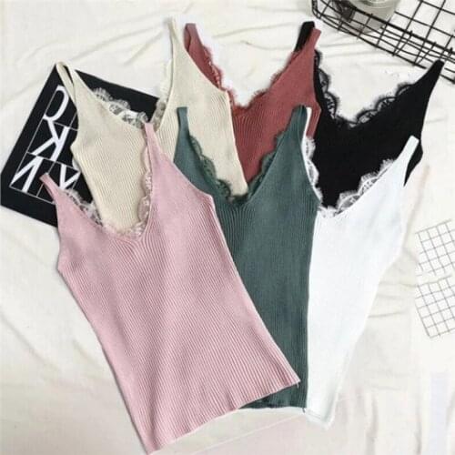 Women Hook Flower Lace Tank solid Stitching V-neck Camis Female Knitted Short Slim Sleeveless Shirt Tank Casual Tops