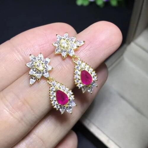 Luxurious Lovely Stars Water drop natural red ruby drop earrings Natural gemstone earrings S925 silver woman wedding jewelry