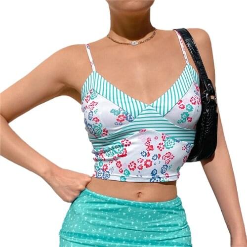 2021 Fashion Trend Womens Sexy Crop Cami Tops Sleeveless Spaghetti Strap V Neck Striped Floral Print Camisole for Summer Wear