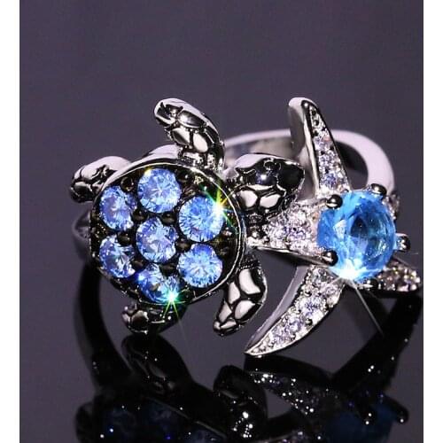 Cute Silver Color Sea Turtle Starfish with Bling Zricon Stone Wedding Engagement Ring for Women Fashion Jewelry 2020
