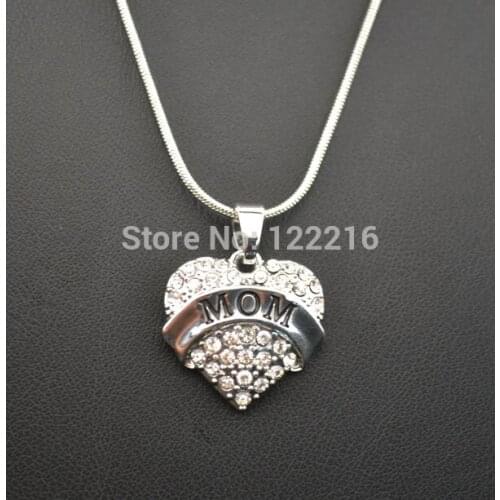 20pcs a lot rhodium plated MOM with clear rhinestone heart pendant chain necklace