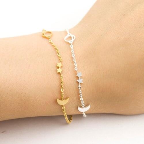 Star And Moon Bracelets For Women Space Planet Jewelry Stainless Steel Chain Charm Friendship Bracelet Femme Bijoux Dainty Gift
