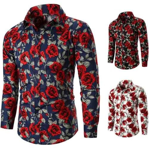 Hawaiian Beach Summer Shirt New Mens Long Sleeve Casual Shirt Fashion Rose Flower 3D Printed Floral Shirt Turn-Down Collar Sli