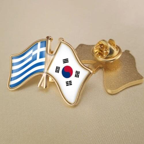 Greece and South Korea Crossed Double Friendship Flags Lapel Pins Brooch Badges