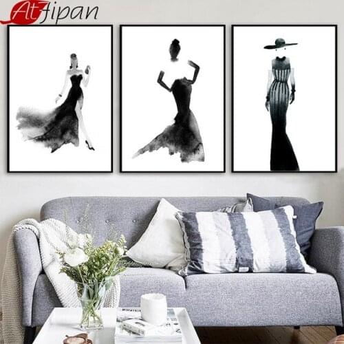 Atfipan No Frame Black and White Watercolor Girl Canvas Painting Nordic Posters Pictures For Home Living Room Wall Decor Artwork