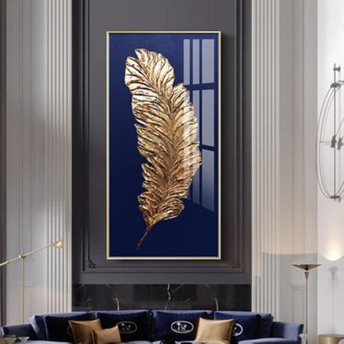 Customize Golden Feather Canvas Painting, Feather Leaves Wall Art Posters and Prints, Wall Pictures for Living Room Decor