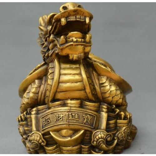 Chinese FengShui old bronze Dragon turtle gold ingot yuanbao money wealth statue