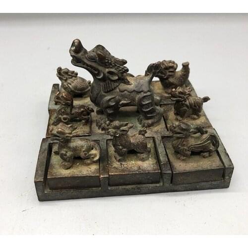 Collectible Exquisite red copper Brass (Jiuzi Zhenlong. Seal) decoration Dragon desktop Ornaments