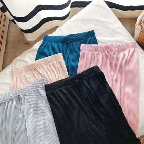 Comfort Summer Wide Leg Pants Harajuku Ice Silk Ankle-Length Long Trousers Korean Fashion High Waist Pleated Pant Trousers