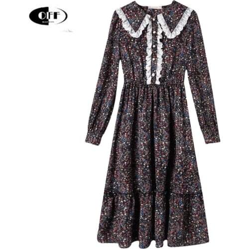 Korean Chic Floral Printed Midi Dress Fashion Vintage Lace Ruffles Autumn Japanese Streewear Elegant Long Sleeve Women Dresses