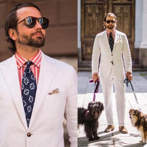 Handsome Mens Liene 2 Piece Suit Summer Casual Daily Tuxedos Notched Lapel Single Breasted Pocket Blazer