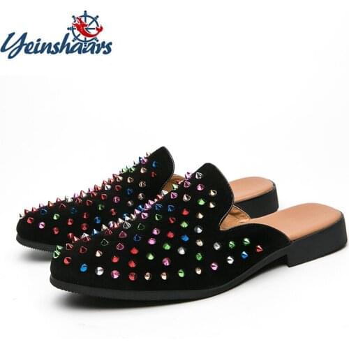 YEINSHAARS Summer New Mens Babouche Shoes Rivets Charm Slip On British Designer Man Casual Slippers Suede Zapatos Plus Size 47