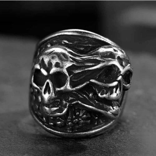 Freeshipping Mens Double Skull Head Ring Gothic 316L Stainless Steel Anel Motorcycle Band jewellery Party Halloween Gift