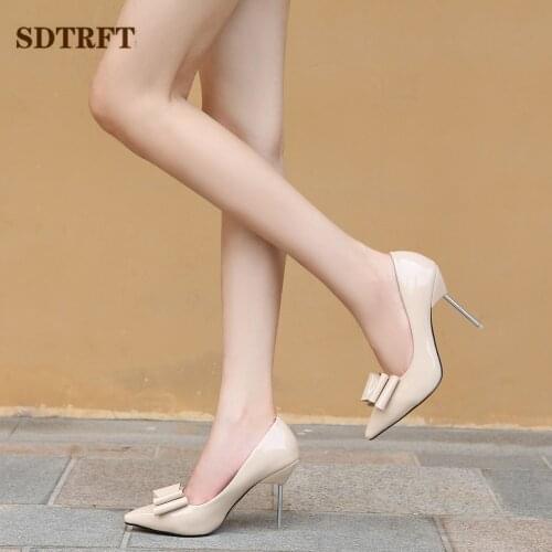 SDTRFT Non slip Shallow mouth women shoes Crossdresser Pointed Toe Pumps 10cm Thin high heel Stiletto Female Bowtie Footwear