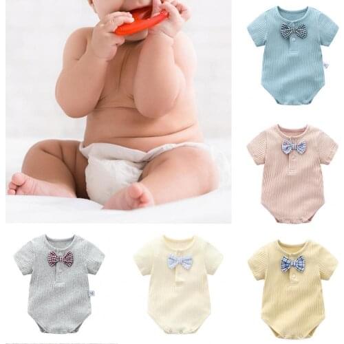 Newborns Unisex Infant Sleepwear Bow Round Neck All-match Skin Friendly Cotton Baby Girl Boy Loose Romper for Summer