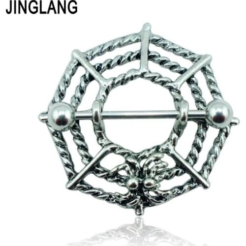 JINGLANG Body Piercing Nipple Rings Surgical Steel Barbell Retro Spider Web Breast Hypoallergenic Jewelry