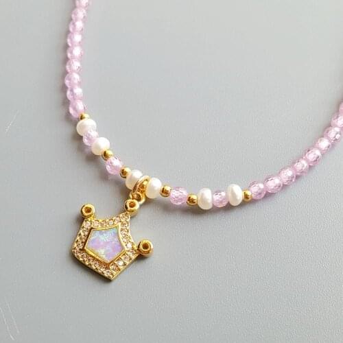 Lii Ji Pink Zircon Freshwater Pearl Lab-created Opal Crown Charm Necklace 40cm+5cm Delicate Jewelry For Children or Women