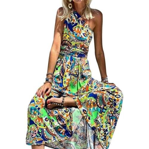 European American Popular Womens New Printed One Shoulder Sleeve Bohemian Long Dress Fashion Leisure Seaside Holiday Travel Ver