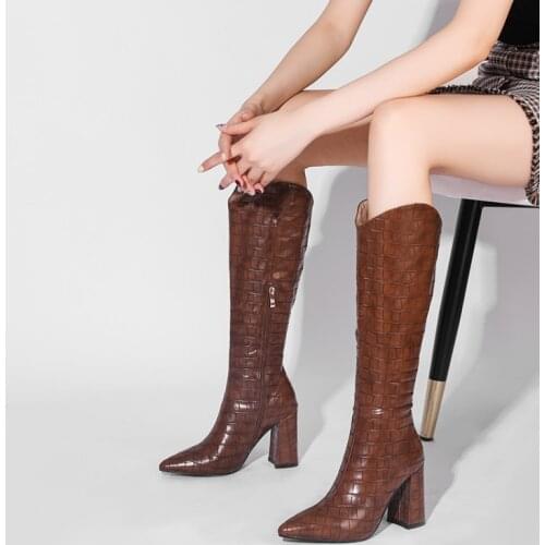 Ochanmeb Block High Heels Knee-high Boots for Women Warm Fleece Plush Winter Crocodile Snake Print Tall Long Boots Ladies Shoes