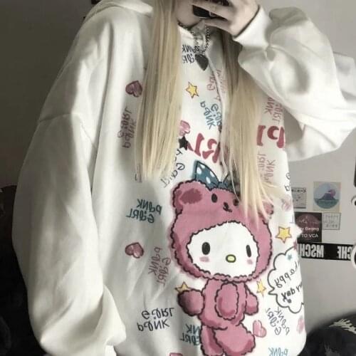 Autumn Women Hooded Sweatshirts Plush Oversized Streetwear Kawaii Gothic Anime Print Harajuku Vintage Clothes Aesthetic Pullover