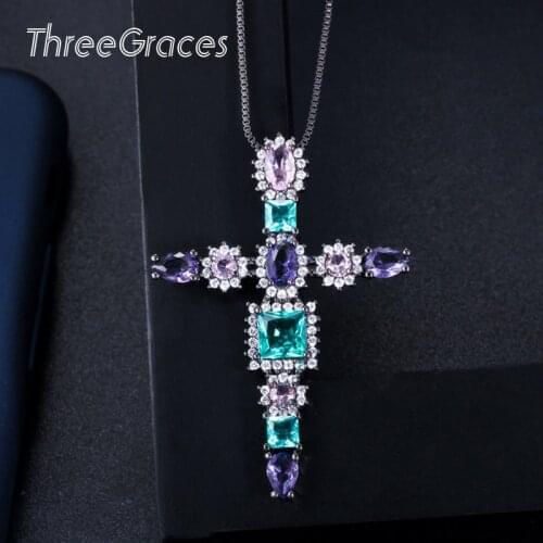 ThreeGraces Trendy Multi Color Cubic Zircon Stones Black Gold Cross Flower Jewelry Necklaces Pendants for Girlfriend Gift PN001