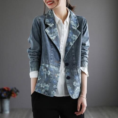 Johnature Women Print Floral Denim Jacket Tailored Collar Long Sleeve Button Pocket Casual Coat 2021 Autumn New Vintage Coats