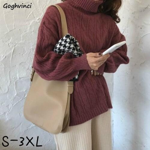 Women Pullovers Oversize 3XL Plus Velvet Thicker Turtleneck Lantern Sleeve Knitted Bf Baggy Lazy Style Winter Warm Simple Trendy