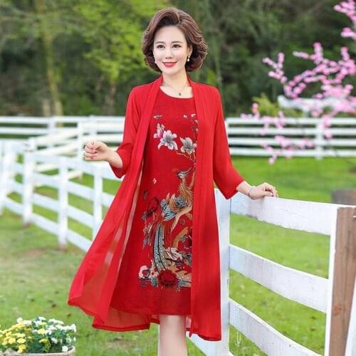 Summer Chiffon Printed Phoenix 2 piece set dress cardigan women plus size 5XL party midi dresses elegant vintage robe femme