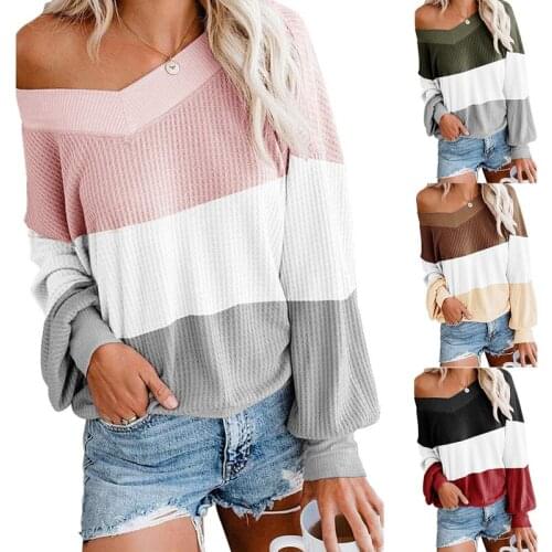 New Womens Stripe V-Neck Loose Bat Sleeve Top Casual Three Color Splicing Pullover fashion 2020 Womens Autumn New Plus Size