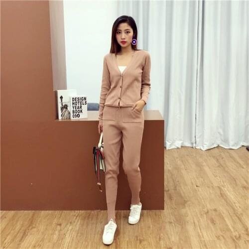 2017 Fashion Women Knitted Shirts+Pants Sets V Neck Single Breasted Shirt Ladies Woman Solid Tops Long Pant 2PCS Suits