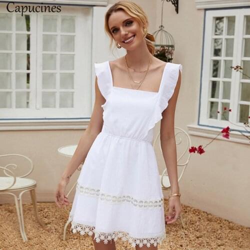 Capucines Boho Sexy Backless Knot Summer Dress Women Sleeveless Ruffle Lace Trim Square Collar Casual Mini White Dresses