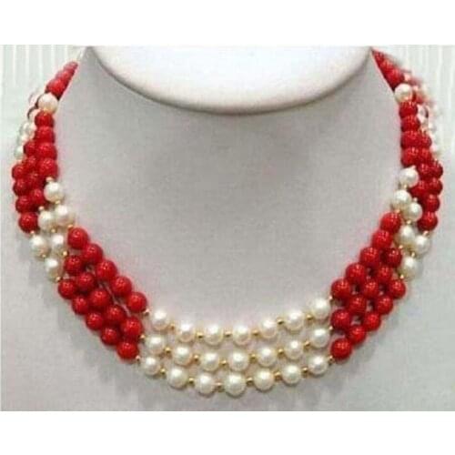 Women good 3 Rows Real White Pearl Red Coral 18KGP Clasp Necklace 17:-19" a(5.18)