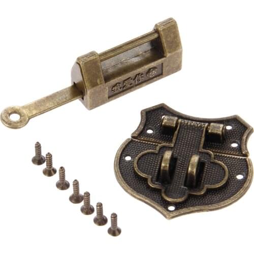 2Pcs Padlock +Box Latch Hasp Antique Bronze Old Chinese Character "Darling/I love you" Lock Heart Clasp w/screws Jewelry Case